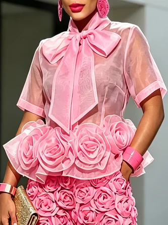 Urban Plain Peplum 3D Floral Bow Tie Neck Shirt