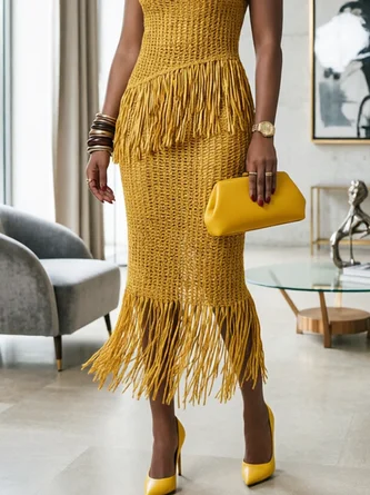 Elegant Tassel Plain Midi Skirt