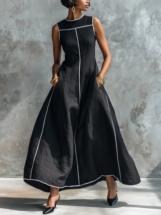 Cotton Linen Casual Block Webbing Crew Neck Maxi Dress