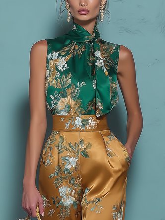 Elegant Floral Printing Stand Collar Blouse