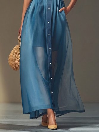 Soft Tencel Denim Elegant Plain Puff Sleeve Split Joint Shirt Collar Maxi Dress With Belt - Image 3