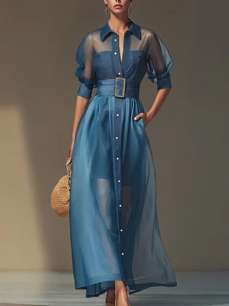 Soft Tencel Denim Elegant Plain Puff Sleeve Split Joint Shirt Collar Maxi Dress With Belt - Image 2