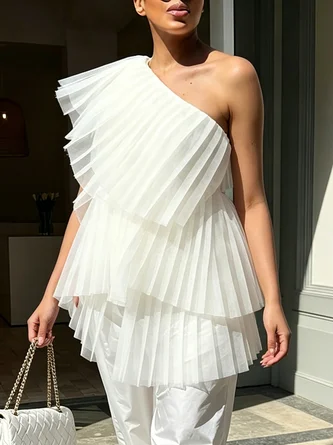 Elegant Plain Pleated Folds One Shoulder Blouse
