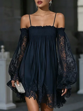 Elegant Plain Lace Spaghetti Mini Dress