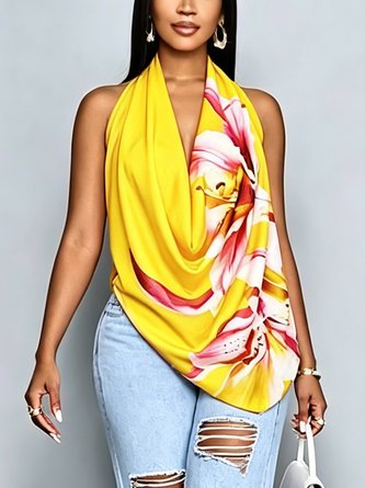 Vacation Floral Printing Cowl Neck Blouse