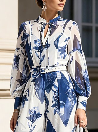 Elegant Floral Printing Block Balloon Sleeve Blouse