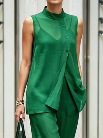 Urban Plain Irregular Craftsmanship Stand Collar Blouse