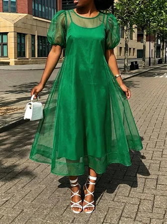 Elegant Polka Dots Puff Sleeve Two Piece Midi Dress