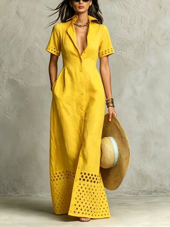 Cotton Linen Casual Plain Hollow Out Shirt Collar Maxi Dress