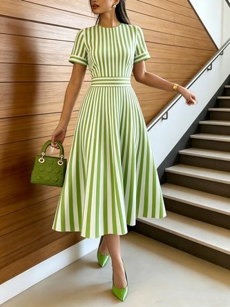 Urban Striped Printing Crew Neck Midi Dress