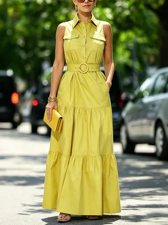 Cotton Urban Plain Buttoned Maxi Dress Belt