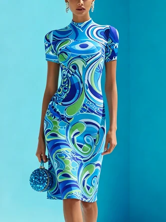 Urban Random Print Printing Stand Collar Midi Dress