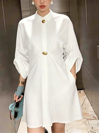 Urban Plain Balloon Sleeve Buttoned Shawl Collar Mini Dress