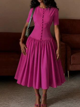 Elegant Plain Ruched Crew Neck Midi Dress