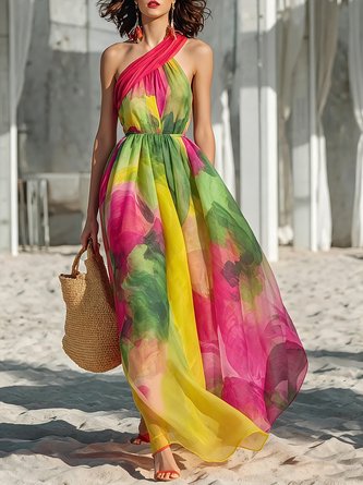 Vacation Random Print Printing Asymmetrical Maxi Dress