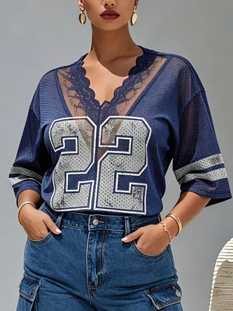 Casual Geometric Lace Edge Letter Pattern T shirt