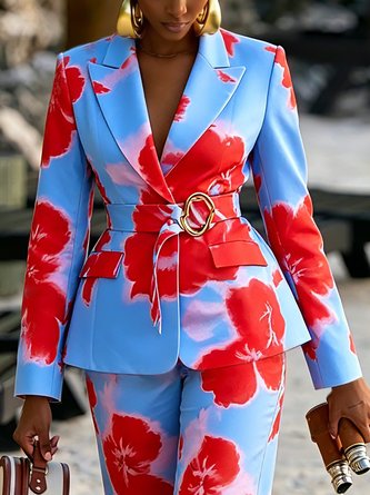 Elegant Printing Floral Lapel Collar Blazer Belt