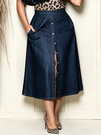 Urban Buttoned Pockets Plain Midi Denim Skirt