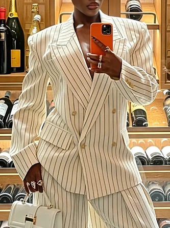 Urban Buttoned Geometric Striped Lapel Collar Blazer