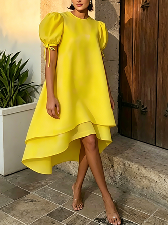 Elegant Plain Puff Sleeve Midi Dress