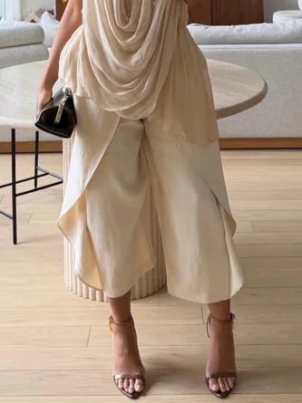 Cotton Casual Plain Folds Straight Pants