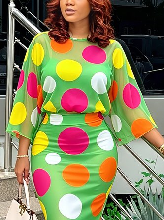 Elegant Polka Dots Printing Crew Neck Blouse