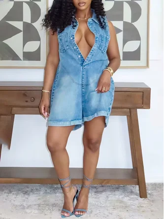 Casual Shawl Collar Loose Denim Jumpsuit