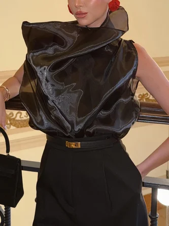 Elegant Plain Stand Collar Blouse