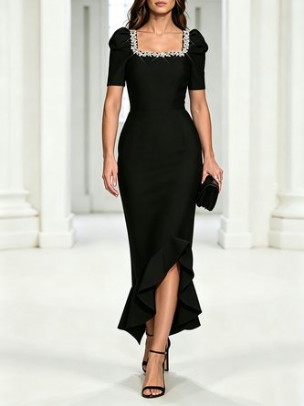Urban Plain Puff Sleeve Rhinestone Square Neck Midi Dress
