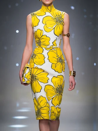 Elegant Floral Stand Collar Knee Length Dress Belt