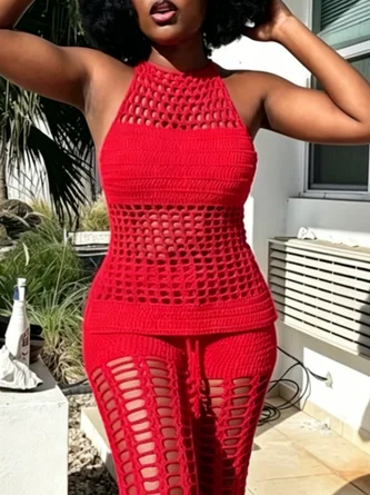 Casual Plain Hollow Out Halter Neck Knit Top