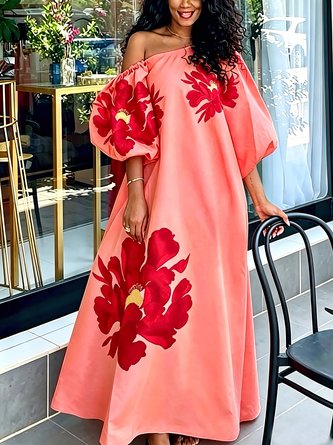 Elegant Floral Puff Sleeve Printing Asymmetrical Maxi Dress