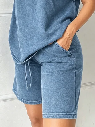 Plain Casual Distressing Denim Shorts