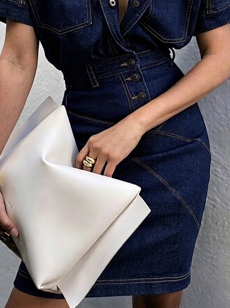 Casual Buttoned Plain Mini Denim Skirt