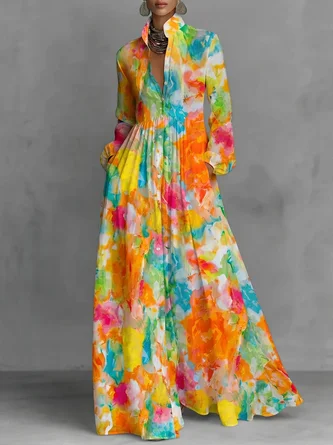 Vacation Random Print Printing Stand Collar Maxi Dress