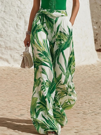Vacation Leaf Printing Floral Wide Leg Pants