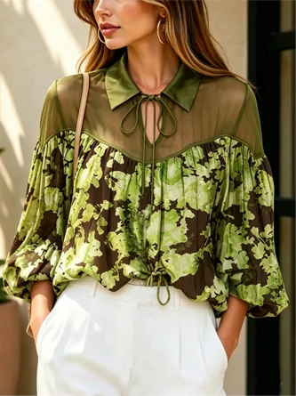 Elegant Floral Printing Shawl Collar Blouse