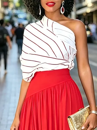 Urban Striped Printing Cold Shoulder Blouse