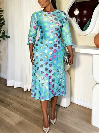 Elegant Polka Dots Printing Crew Neck Midi Dress