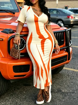 Urban Geometric Printing V Neck Midi Dress