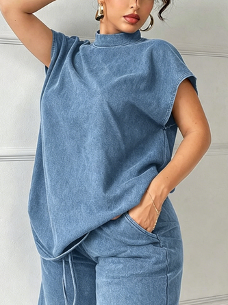 Casual Plain Distressing Mock Neck Denim Top