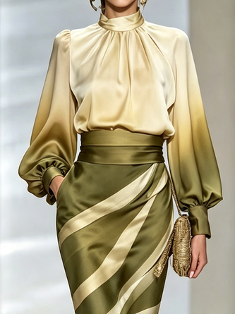 Satin Elegant Gradient Pattern Stand Collar Blouse