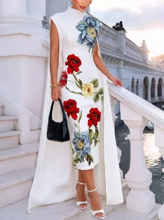 Elegant Floral Printing Mock Neck Midi Dress