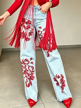 Denim Urban Distressing Floral Block Jeans