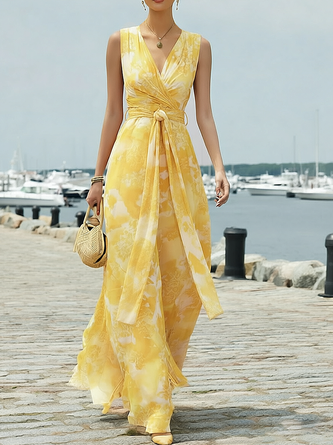 Vacation 3D Printing V Neck Maxi Dress Belt