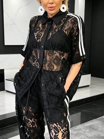 Lace Urban Block Webbing Shirt Collar Shirt