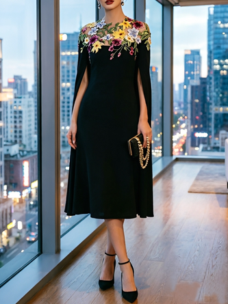 Elegant Floral Crew Neck Midi Dress