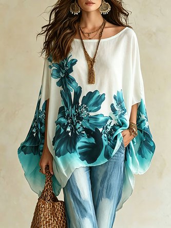 Casual Floral Printing Boat Neck Blouse