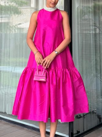 Elegant Plain Ruched Crew Neck Midi Dress No Pearl Chocker