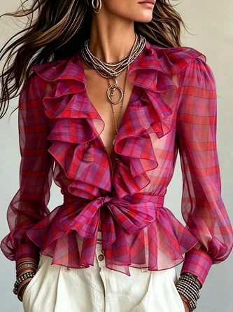 Elegant Plaid Printing Lotus Leaf Collar Blouse